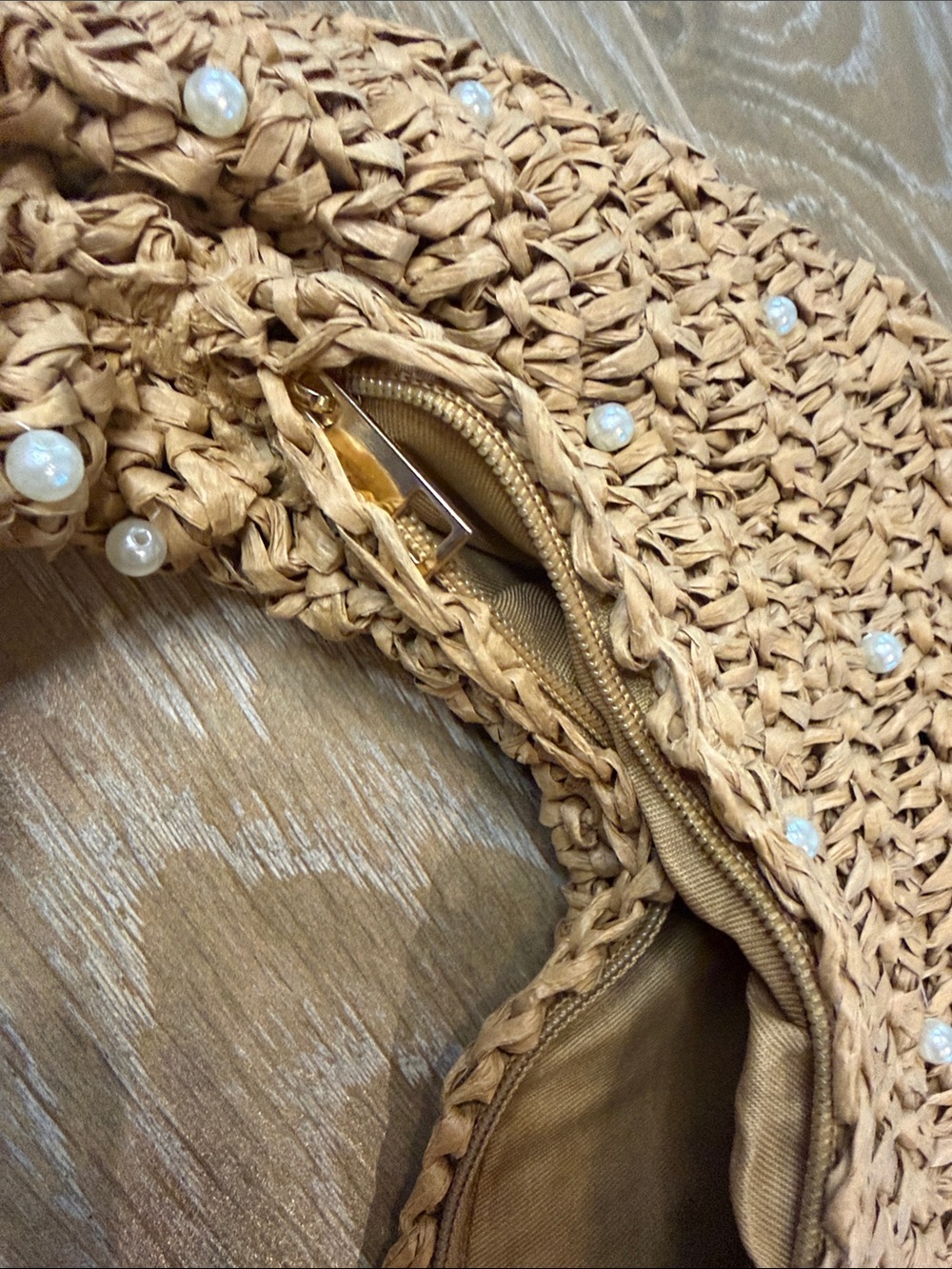 Haute Hippie Hand Bag Faux Pearls Natural Beige Straw Crescent Hobo Boho Coastal - Picture 4 of 9